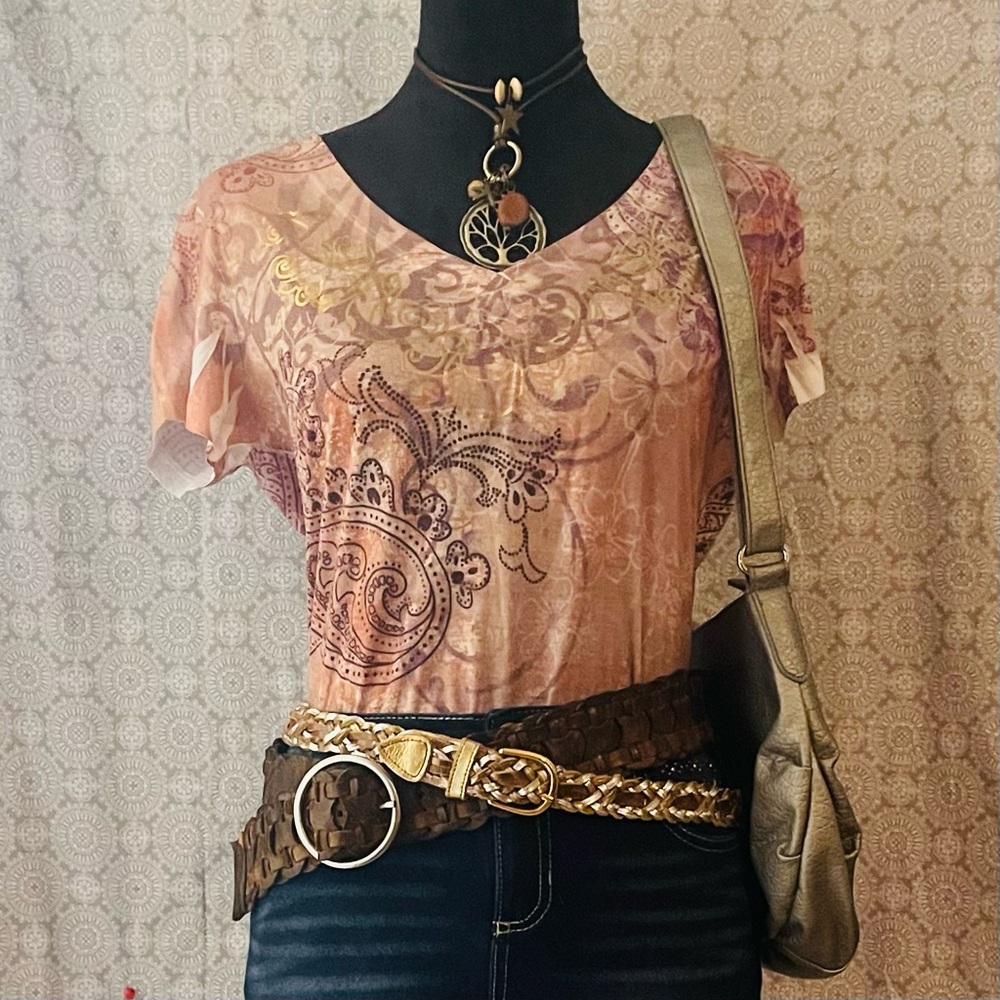 Y2K Paisley Print Top with Gold Accents